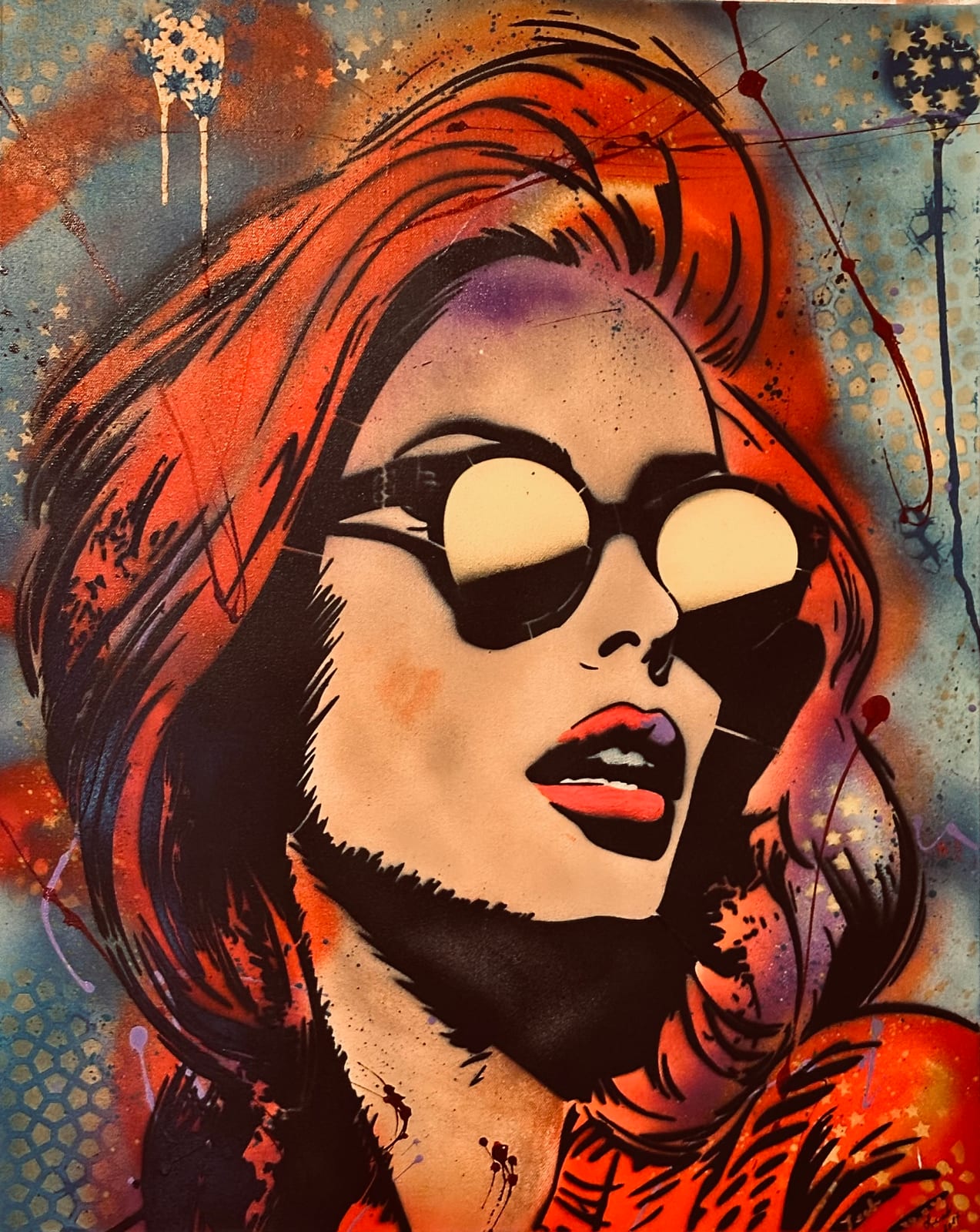 Behind Her Shades — acrylic, stencil and spray paint on canvas by Leah Larremore