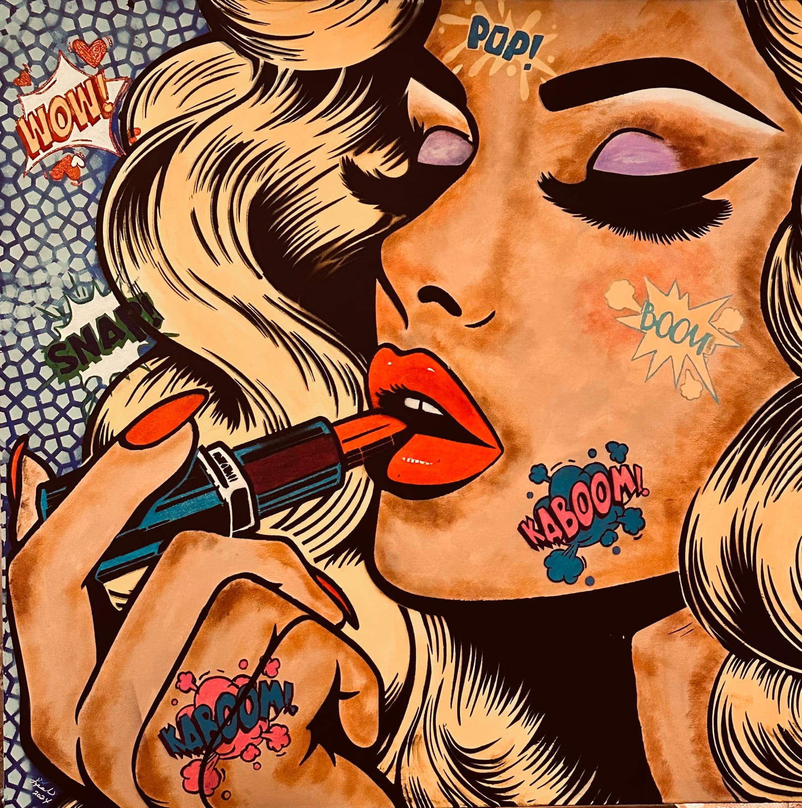 KABOOM! Kiss — Acrylic and mixed media on canvas, 30 × 30 in.